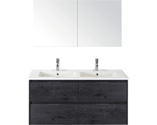 Badmöbelset 3-teilig Doppelbadmöbel Sanox Porto BxHxT 121 x 170 x 51 cm Frontfarbe black oak mit Waschtisch Keramik weiß Griff chrom matt 84731449 Waschtisch mit Doppelwaschbecken, Unterschrank und Spiegelschrank