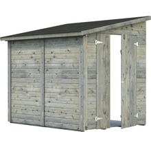 Gartenhaus aus Holz mit geöffneter Tür