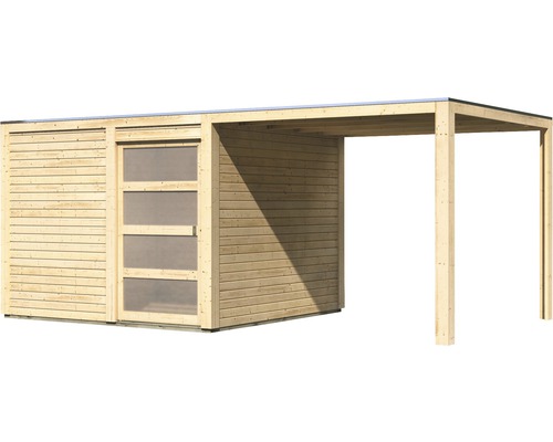 Gartenhaus Karibu Carlson 2 mit Schleppdach und selbstklebender Dachfolie 542,5 x 276 cm natur