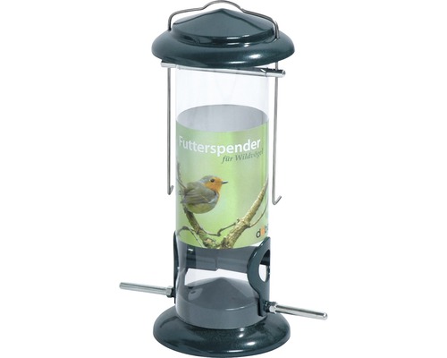 Distributeur à nourriture en métal avec silo en verre acrylique Ø 9,5 x 23 cm vert Distributeur de nourriture pour oiseaux sauvages