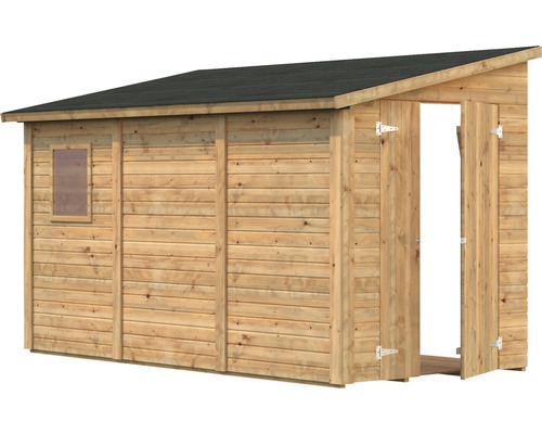 Abri de jardin en bois avec fenêtre et double porte ouverte