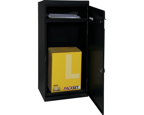 Geöffneter Paketkasten mit Paket und Briefen