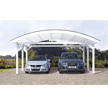Double abri de voiture en bois avec deux voitures garées