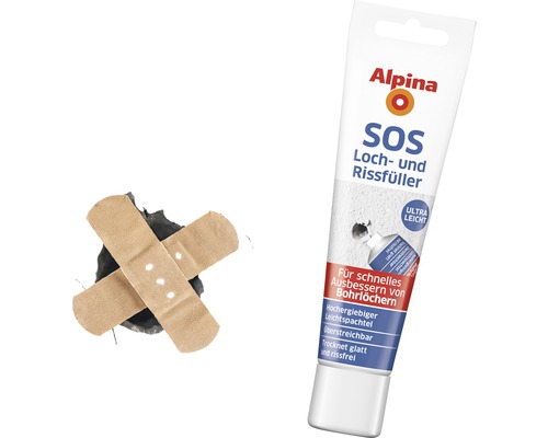 Produit de remplissage pour trous et fissures Alpina SOS blanc 100 ml Tube de mastic pour trous et fissures Alpina SOS à côté d''un trou réparé avec des pansements