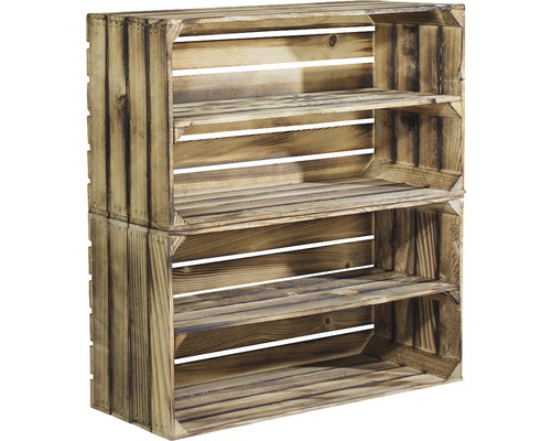 Deux caisses en bois empilées avec des étagères