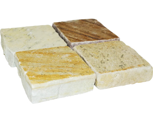 Pavé carré en quartzite blanc, rose et jaune 10 x 10 x 2,5 - 4 cm