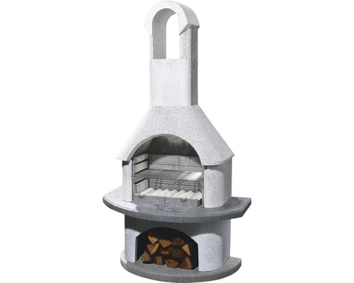 Barbecue cheminée Buschbeck Valenzia 65 x 34 x 203 cm blanc Cheminée barbecue en pierre avec espace de rangement pour le bois
