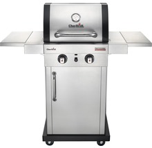 Barbecue à gaz Char-Broil avec deux brûleurs, étagères latérales et armoire basse