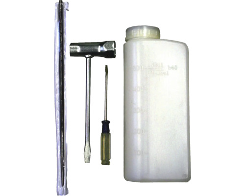 Kettensägenwerkzeugsatz mit Feile, Schraubendreher, Steckschlüssel und Messbecher