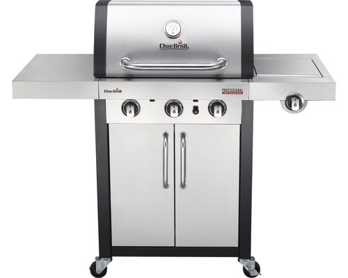 Grill à gaz Char-Broil avec trois brûleurs, tables latérales et meuble bas