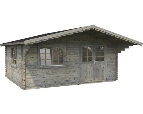 Gartenhaus aus Holz mit Fenstern und Doppeltür