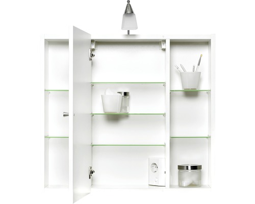 Weißer Spiegelschrank mit Glasablagen und Innenbeleuchtung zur Badezimmerausstattung