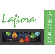 Lafiora Logo mit Abbildung einer Lichterkette mit farbigen Lampen, Batterien inklusive, Leuchtdauer acht Stunden, Laufzeit zehn bis zwölf Stunden, Schutzart IP44