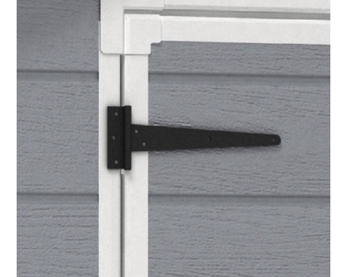 Charnière en T noire fixée à une porte en bois