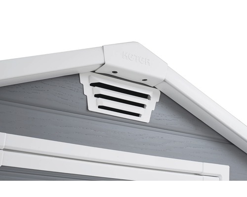 Vue détaillée d''un abri de jardin avec grille d''aération et logo Keter