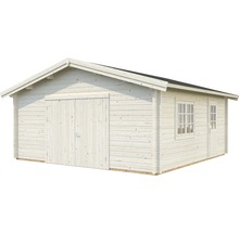 Holzgarage mit Doppeltür und Fenstern