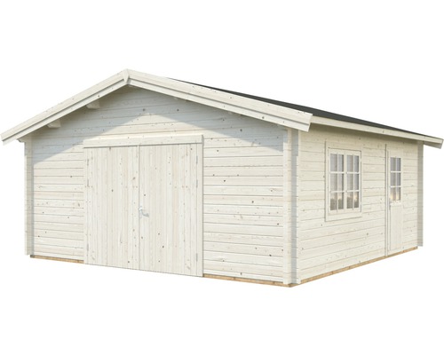 Holzgarage mit Doppeltür und Fenstern