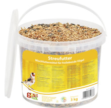 Streufutter für Wildvögel in einem transparenten Eimer mit 3 Kilogramm Inhalt.