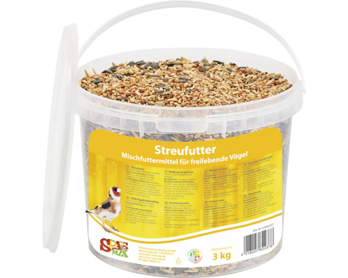 Streufutter für Wildvögel in einem transparenten Eimer mit 3 Kilogramm Inhalt.