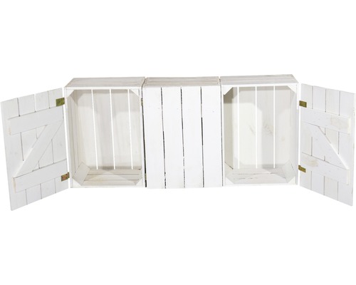Trois caisses en bois blanches, dont deux avec portes ouvertes