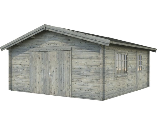 Holzgarage mit Doppeltür und Fenstern