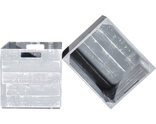 Zwei graue Holzkisten für die Aufbewahrung mit Tragegriffen