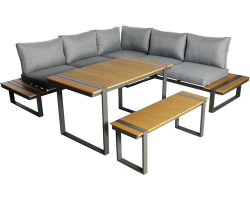 Loungeset Garden Place Eila 237 x 237 cm 7-Sitzer 3 tlg. inkl. Tisch 120 x 70 x 69 cm in Holzoptik inkl. Sitzkissen hellgrau