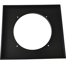 Plaque métallique carrée avec découpe circulaire et trous de fixation.