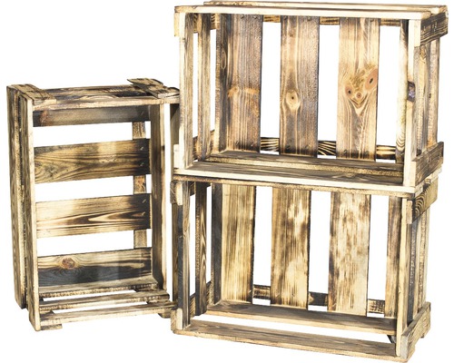 Drei Holzkisten aus gebranntem Holz