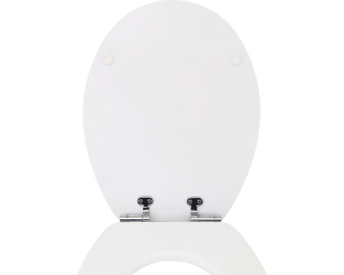 Weißer Toilettensitz mit Edelstahlscharnieren