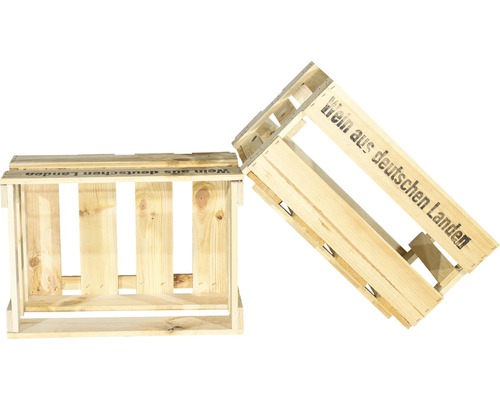 Zwei Weinkisten aus Holz mit der Aufschrift Wein aus deutschen Landen