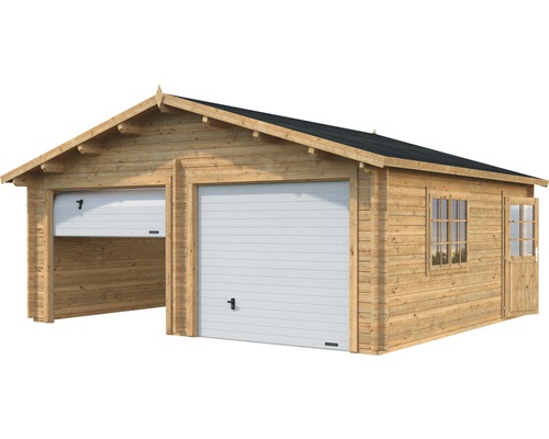 Garage double en bois avec deux portes sectionnelles, fenêtre et porte