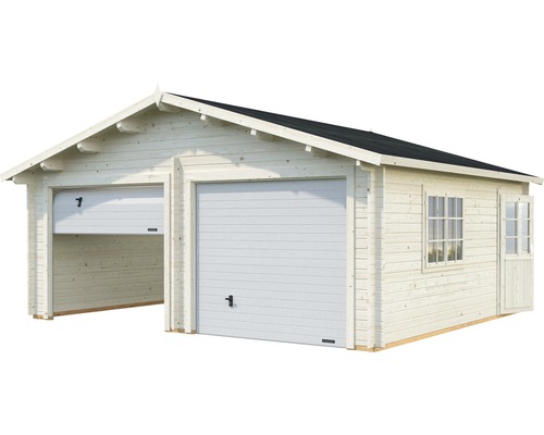 Garage double en bois avec deux portes roulantes, porte latérale et fenêtre