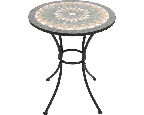 Table de jardin GARDEN PLACE Rosie 60 x 60 x 70 cm métal noir avec plateau de table en céramique, piètement en fer laqué, jusqu'à 2 places assises Table de jardin ronde avec motif de mosaïque et cadre en métal