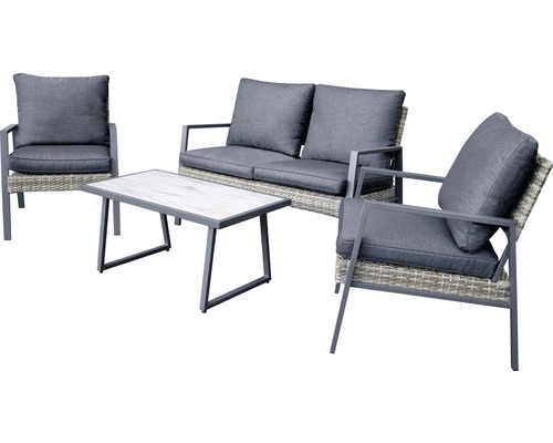 Ensemble de meubles de jardin Garden Place en rotin synthétique 4 places 4 pièces avec table 90 x 50 x 43,5 cm avec galettes d'assise anthracite marron