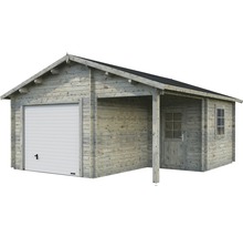 Holzgarage mit Anbau, Garagentor, Tür und Fenster