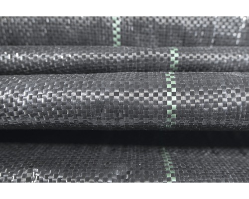 Unterbodengewebe 100g/m² FloraSelf 1500 x 200 cm, schwarz Nahaufnahme von gerollter Unkrautfolie mit Markierungen