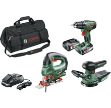 Ensemble d''outils Bosch avec perceuse, scie sauteuse, ponceuse, batterie, chargeur et sac à outils