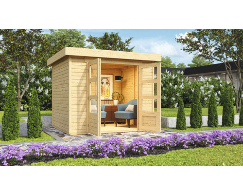 Expresshaus, Gartenhaus Karibu Rasch 3 266 x 238 cm natur Holzgartenhaus mit Doppeltür und Inneneinrichtung im Garten