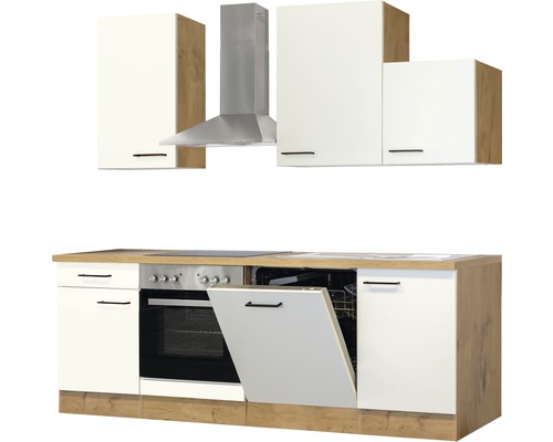 Cuisine avec éléments hauts, hotte aspirante, cuisinière et lave-vaisselle