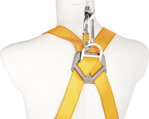 Detailansicht eines Auffanggurtes mit Karabiner und Sicherungsseil