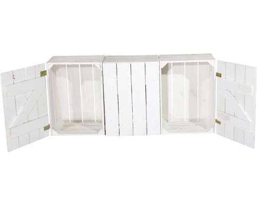 Trois caisses en bois blanches avec deux portes ouvertes pour le rangement