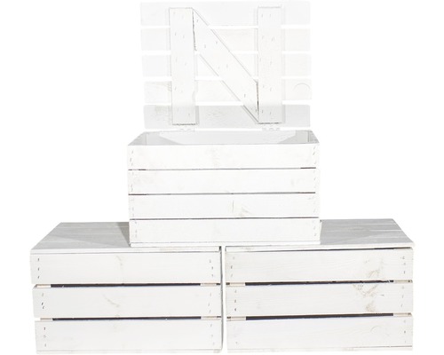 Trois caisses en bois blanches, une avec couvercle