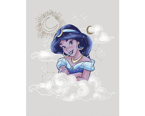 Illustration de la princesse Jasmine dans les nuages avec la lune et les constellations