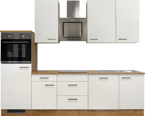 Moderne Einbauküche mit weißen Schränken, Dunstabzugshaube und Backofen