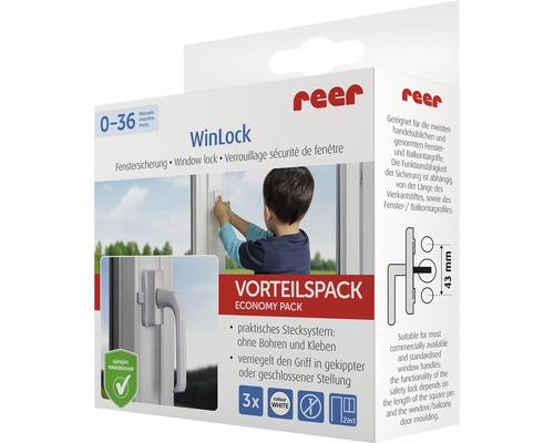 Emballage d''une sécurité de fenêtre Reer WinLock, convient pour les fenêtres et les portes de balcon