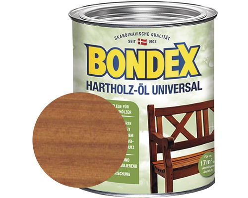 Huile pour bois dur universelle BONDEX meranti 750 ml Boîte d''huile universelle pour bois dur Bondex avec exemple de couleur