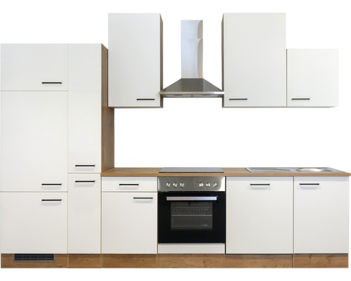 Cuisine complète avec éléments hauts, hotte aspirante, cuisinière et évier