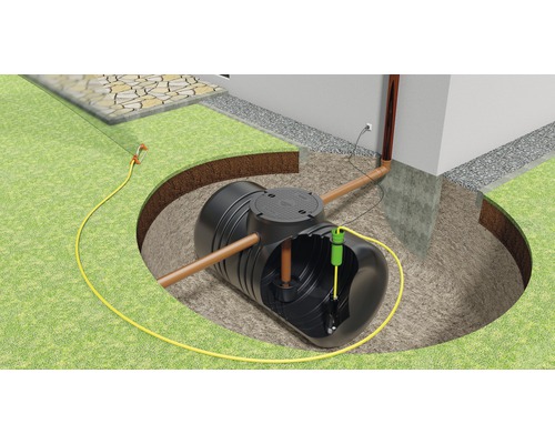Installation de récupération d'eau de pluie Akzent B 2100 litres Illustration d''un système de récupération d''eau de pluie dans le jardin