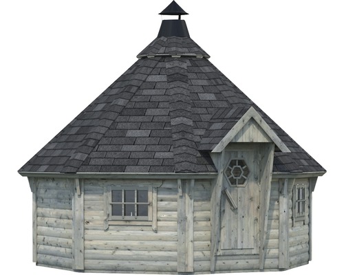 Holzgrillkota mit Dachschindeln und Fenstern